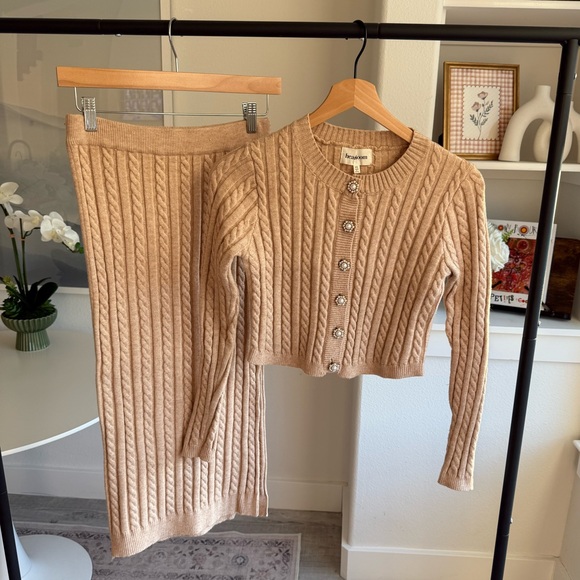 Heartloom Sweaters - Heartloom Cable-Knit Cardigan Skirt Set, Camel